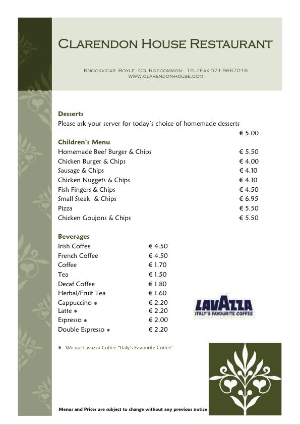 Clarendon House Restaurant Menu - Desserts